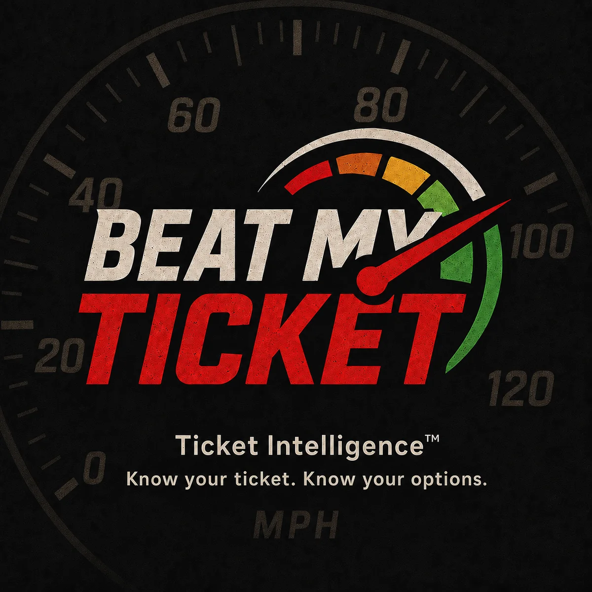 Beat My Ticket logo over an MPH speedometer, with Ticket Intelligence and the tagline Know your ticket. Know your options.